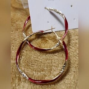 Gold-Tone Twisted Hoop Earrings with Red Accent
